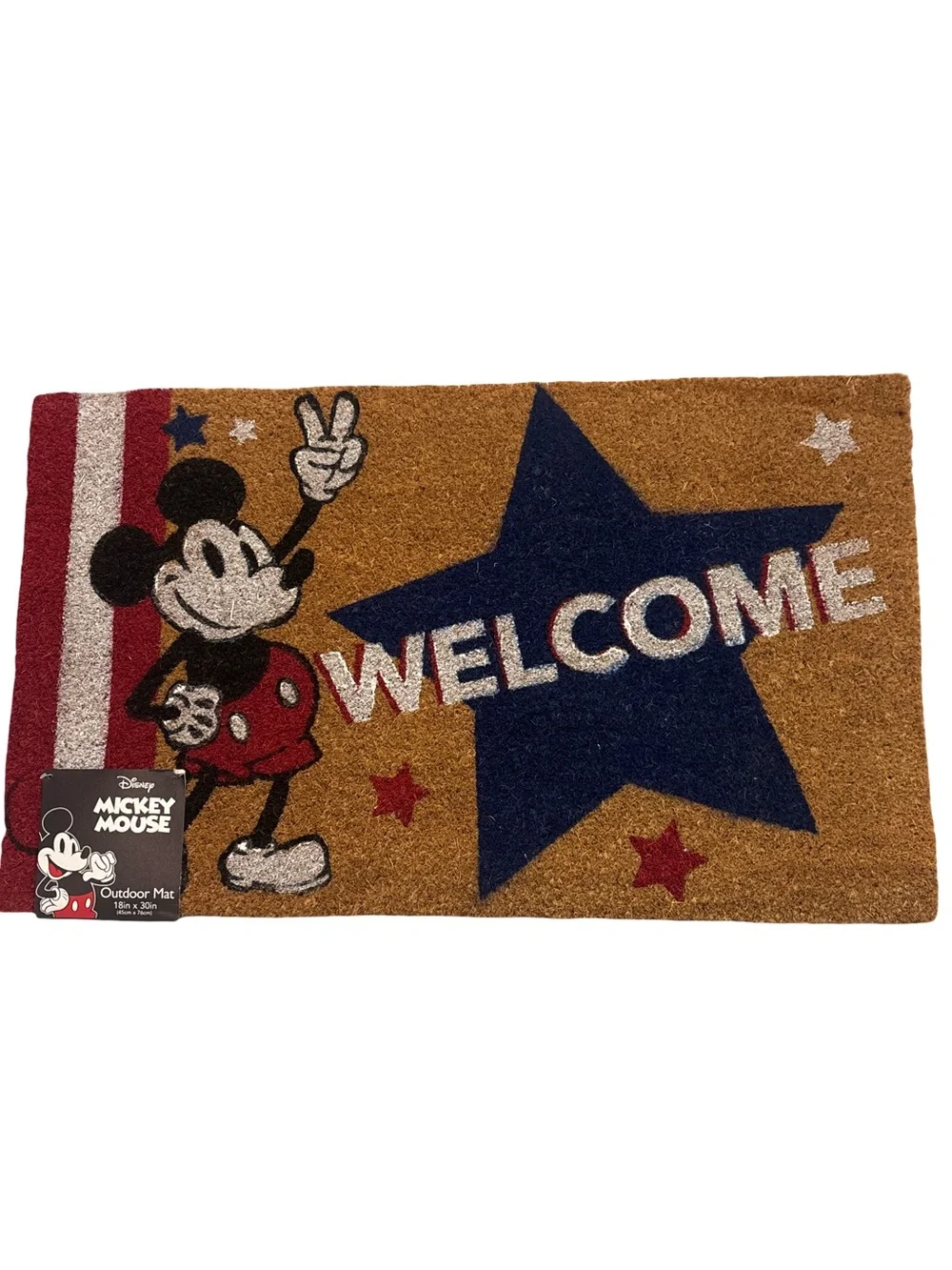 Disney Mickey Mouse 4th July Welcome Doormat Brown Navy Red White 18x30 Outsoor
